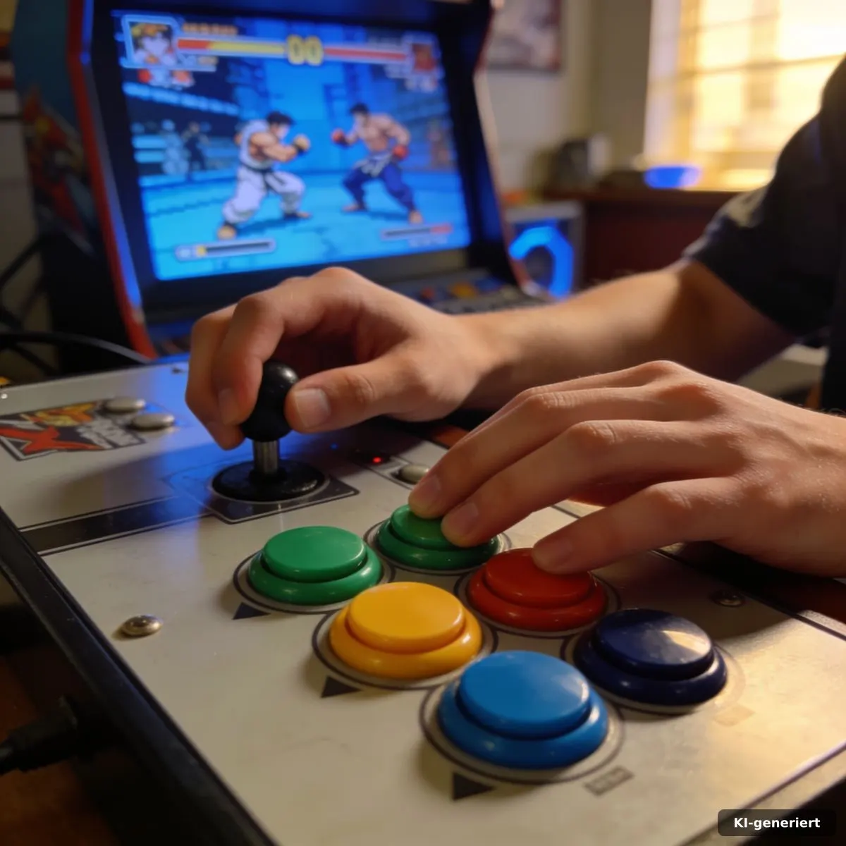 Hände wechseln während eines Team-Fights zwischen Arcade-Tasten und Controller