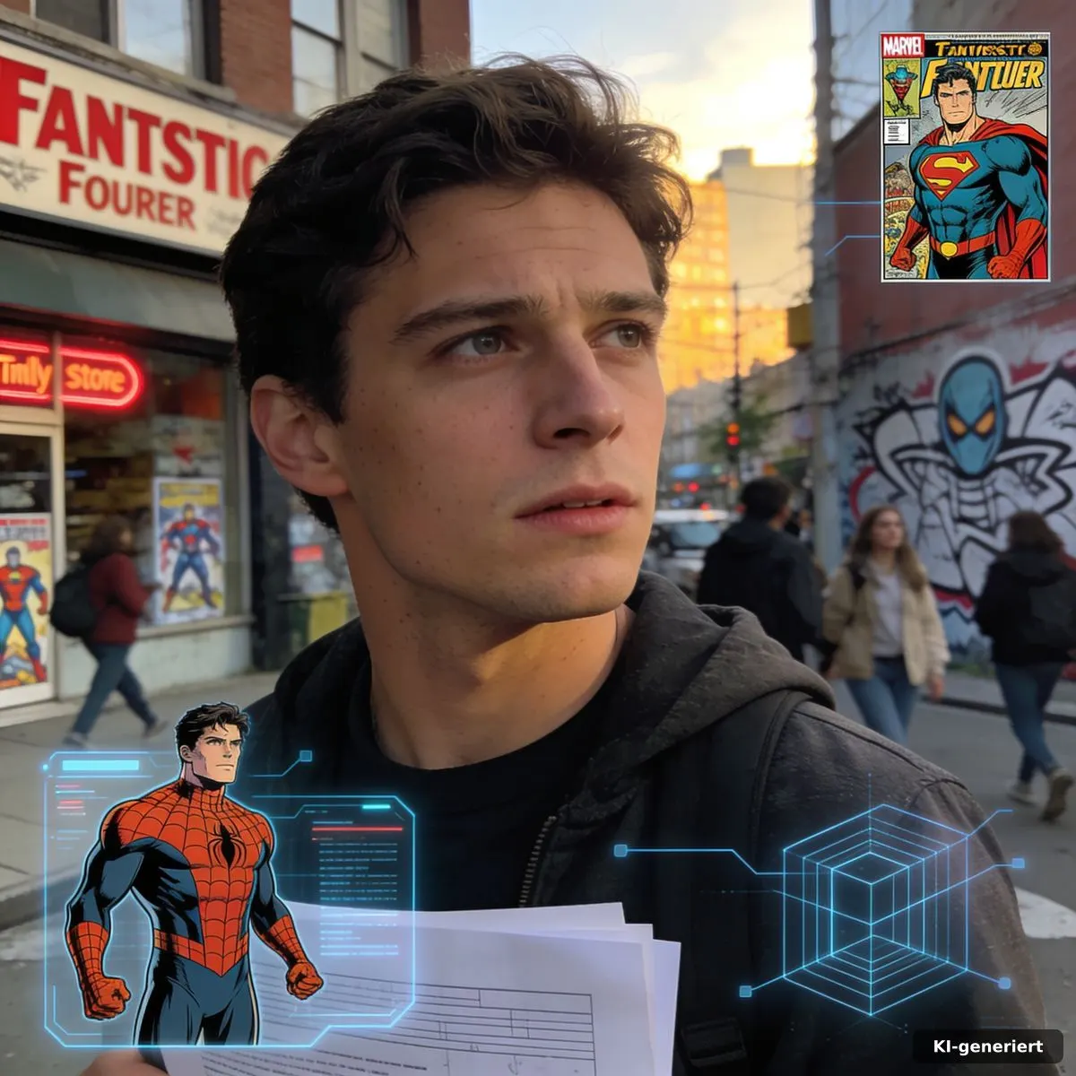 Comic-Cover und verbundene Heldenfiguren symbolisieren die Marvel Universum Entwicklung von Fantastic Four bis heute