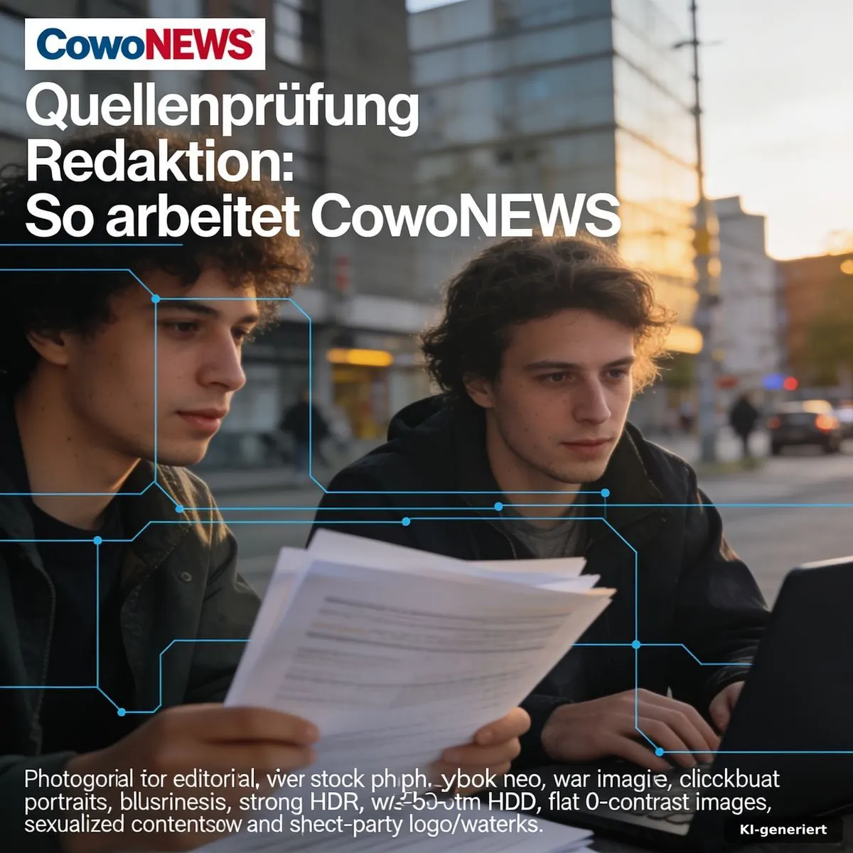 Quellenprüfung Redaktion im Newsroom: Journalistisches Team gleicht Quellen, Notizen und Fakten transparent ab