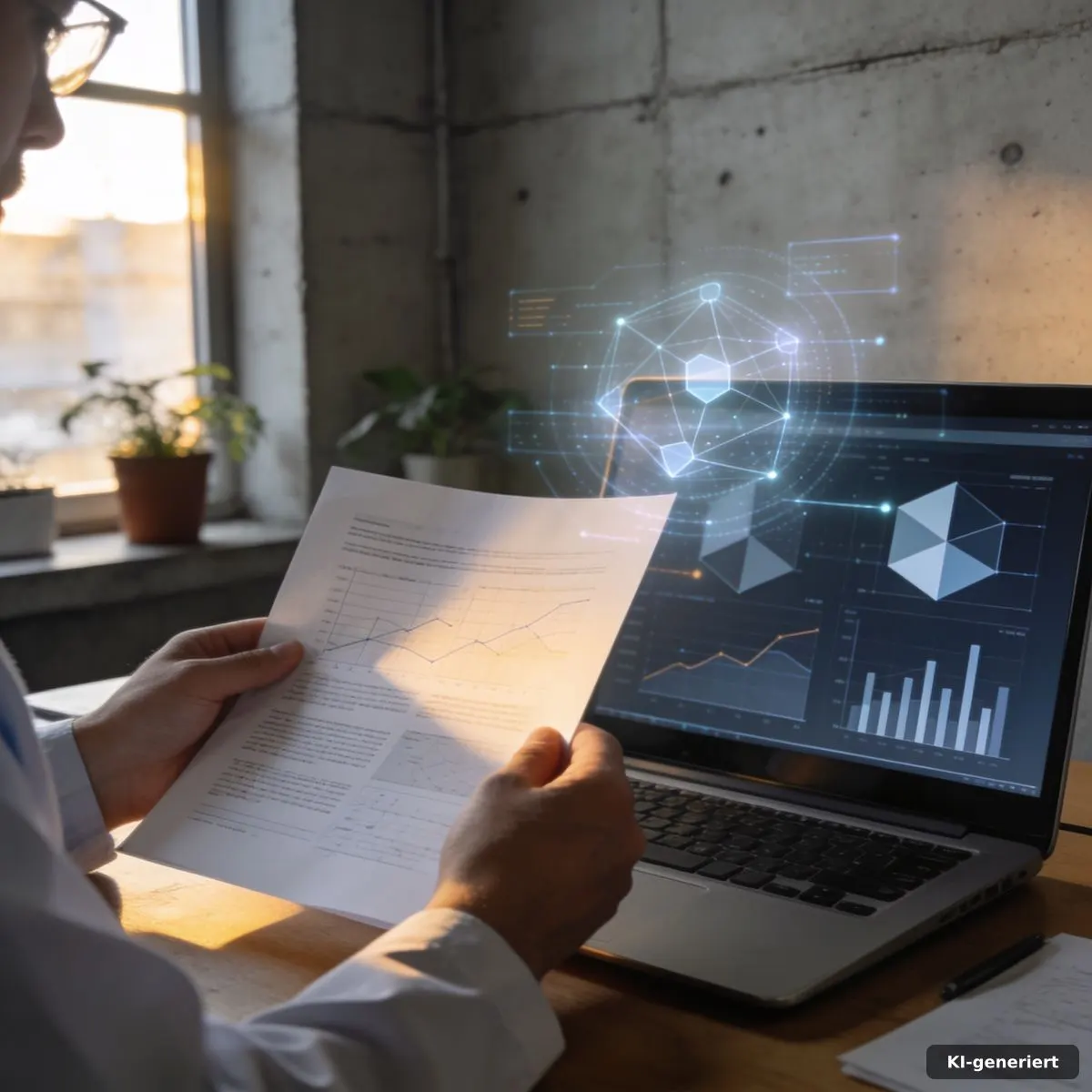 Rechercheperson gleicht eine Studie mit einer Statistik am Laptop ab