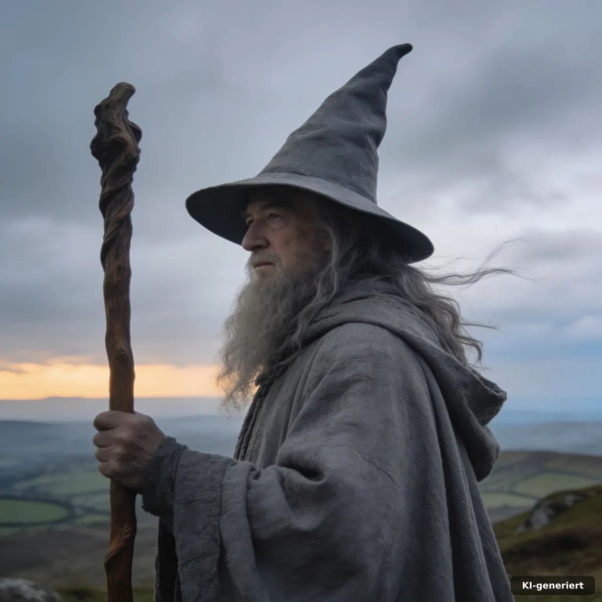Ringe Macht: Gandalf zeigt sich im neuen Kostüm 2 Gandalf im grauen Gewand mit Stab und spitzem Hut vor einer weiten Landschaft