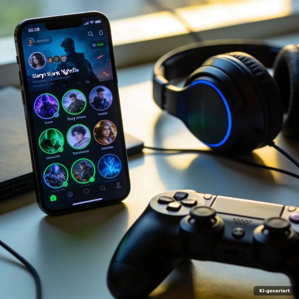 Gaming-Profil mit mehreren Instagram-Highlights neben Controller und Kopfhörern