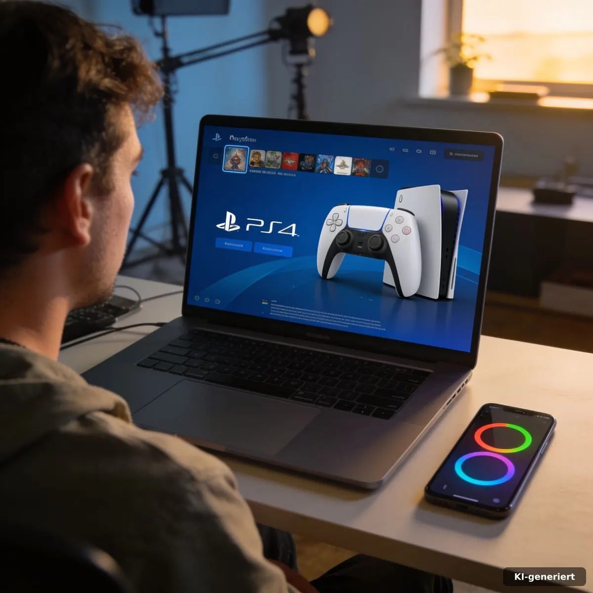 Creator vergleicht PlayStation-News am Laptop mit Instagram-Highlight-Kreisen