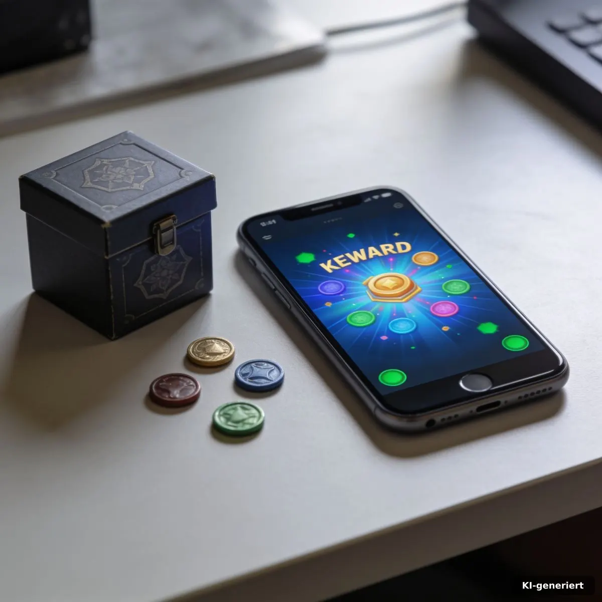 Smartphone mit abstrakter Belohnungsanimation und geschlossener Überraschungsbox