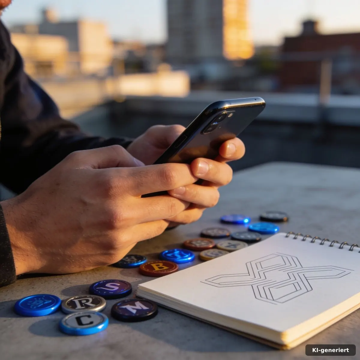Hände mit Smartphone, Spielmarken und Notizbuch bei der Betrachtung einer Zufallsmechanik