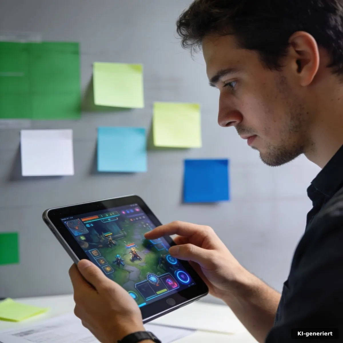 Game-Designer prüft eine mobile Spieloberfläche auf einem Tablet