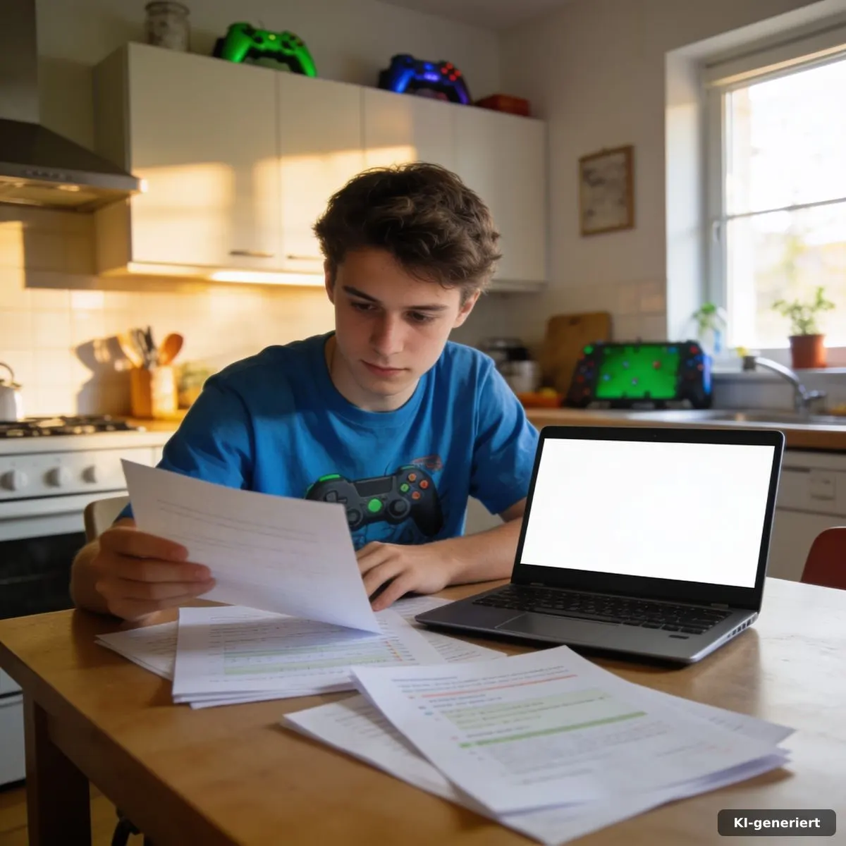 Lernende Person mit Laptop und Unterlagen an einem Küchentisch