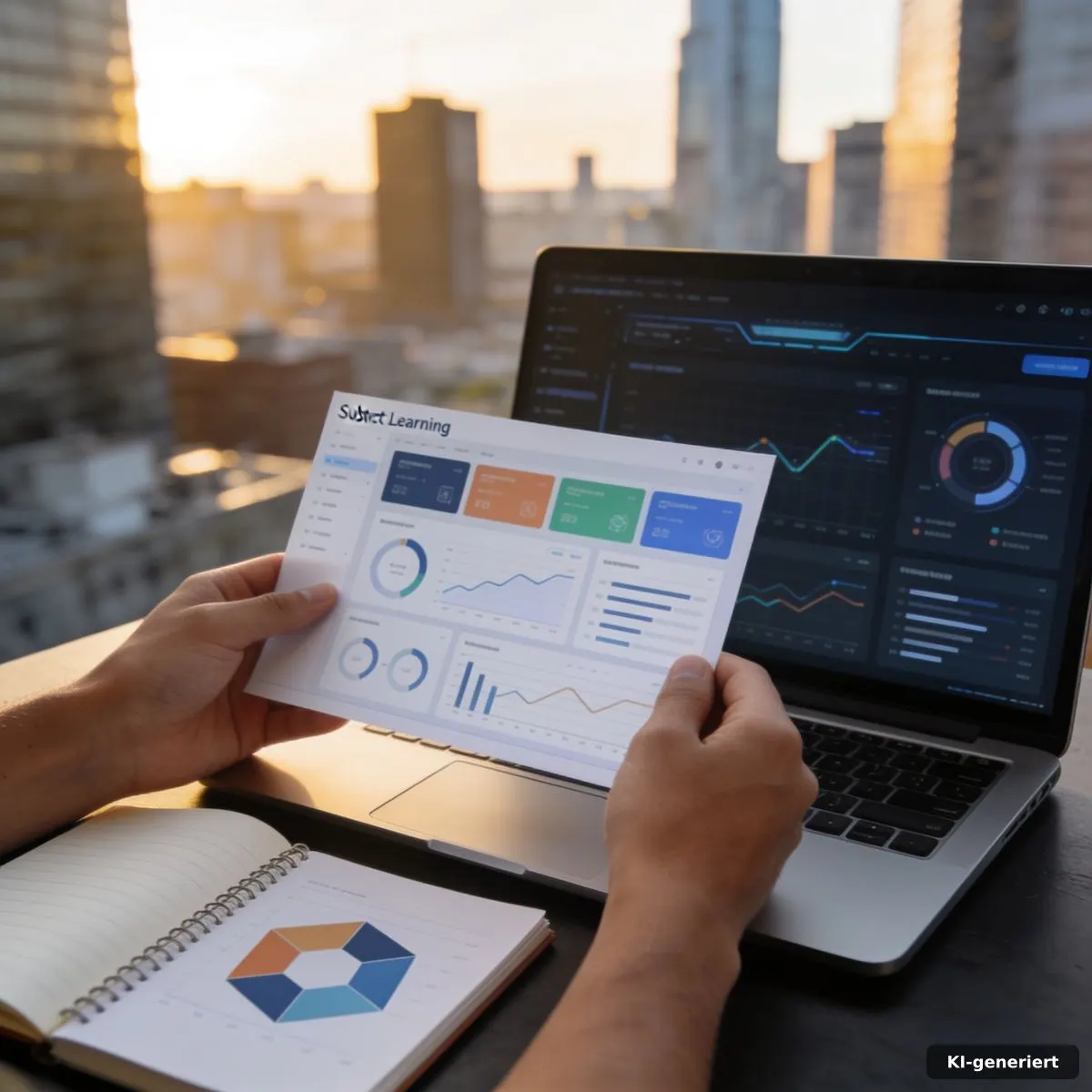 Abstraktes Lern-Dashboard neben Notizbuch und Diagrammen