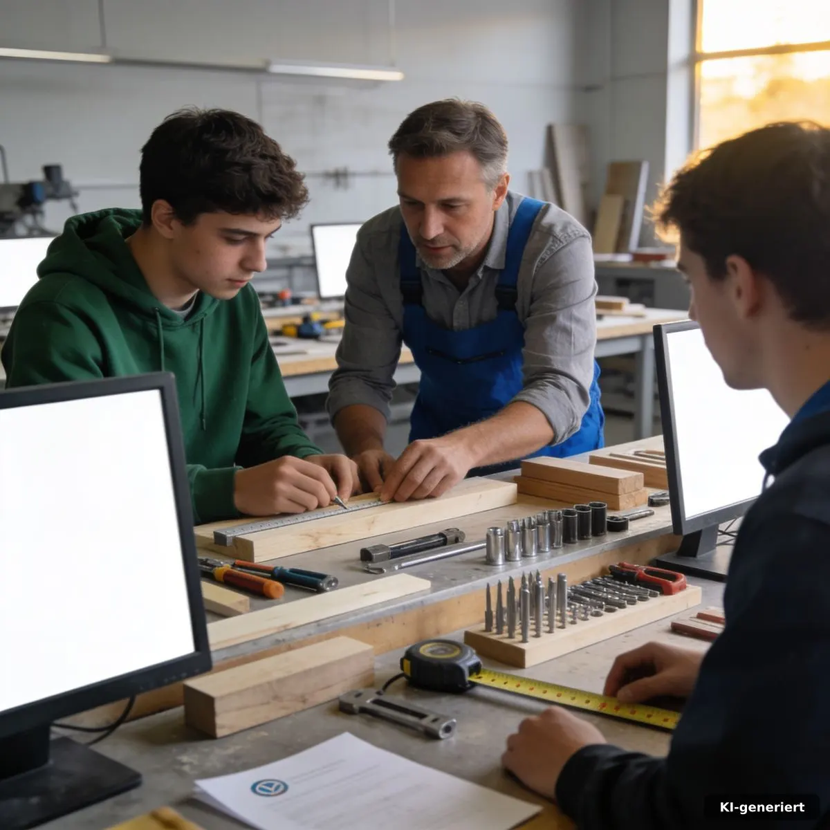Auszubildende arbeiten gemeinsam mit einer Mentorin in einer Werkstatt