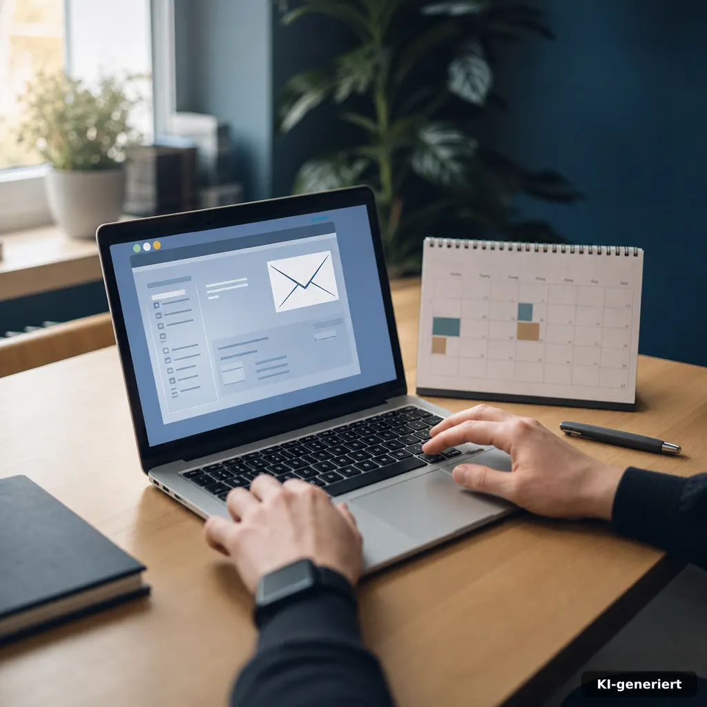 Newsletter-Arbeitsplatz mit Laptop, Kalender und Stift