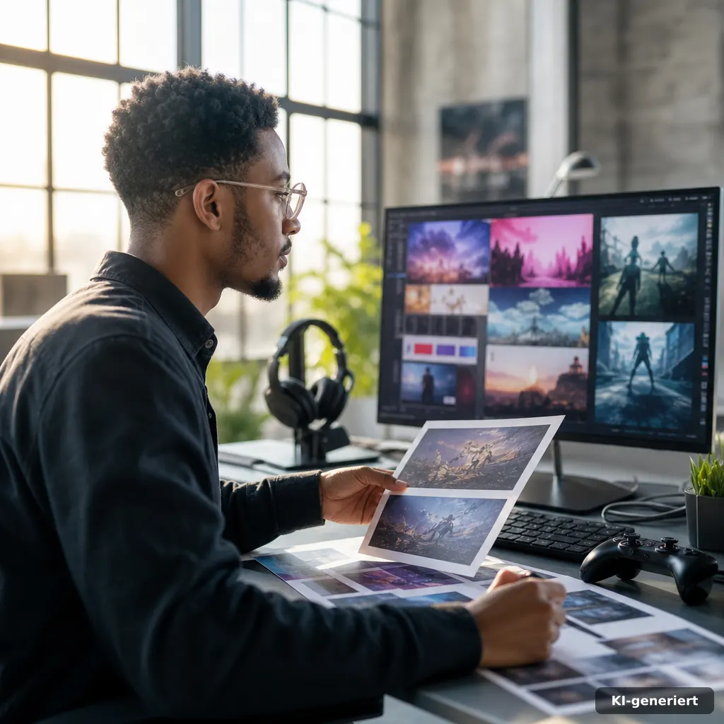 Redaktioneller Gaming-Arbeitsplatz mit Monitor, Controller und Kopfhörern