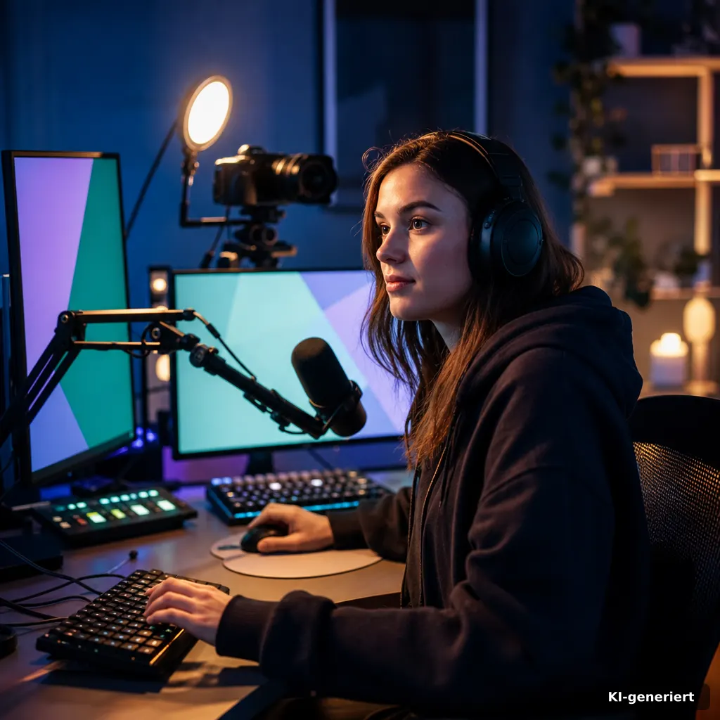 Streaming-Setup mit Mikrofon, Webcam und mehreren Bildschirmen