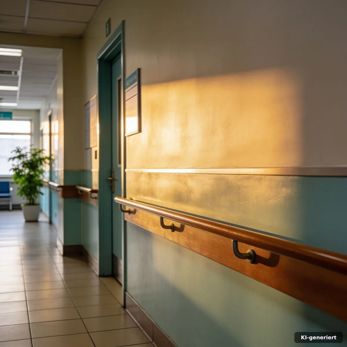Healing Architecture im Alltag: Evidenz richtig prüfen 2 Heller Klinikflur mit klaren Bereichen, Pflanzen und guter Orientierung