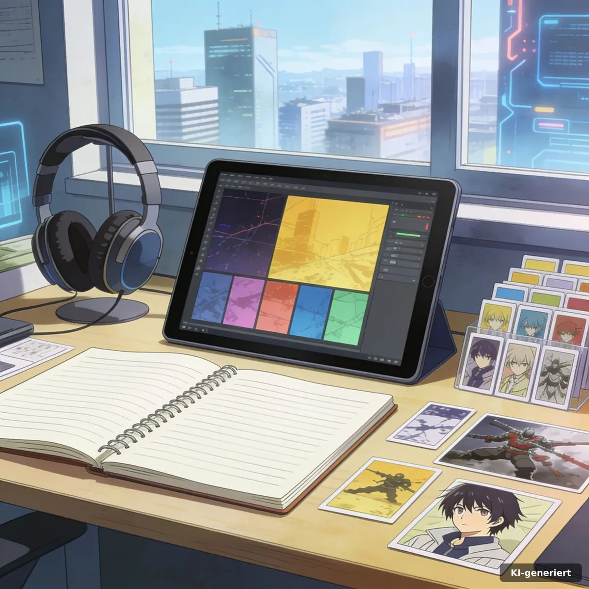 Redaktionsschreibtisch mit Anime-Recherche, Notizen und Tablet