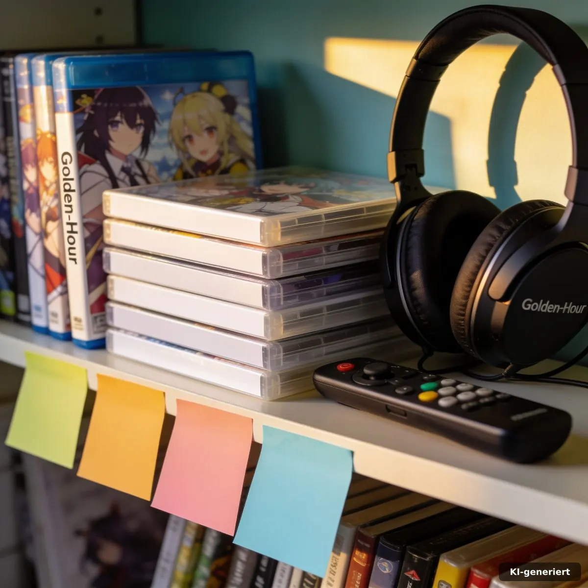Kuratierte Anime-Auswahl mit Kopfhörern, Streaming-Fernbedienung und farbigen Notizen