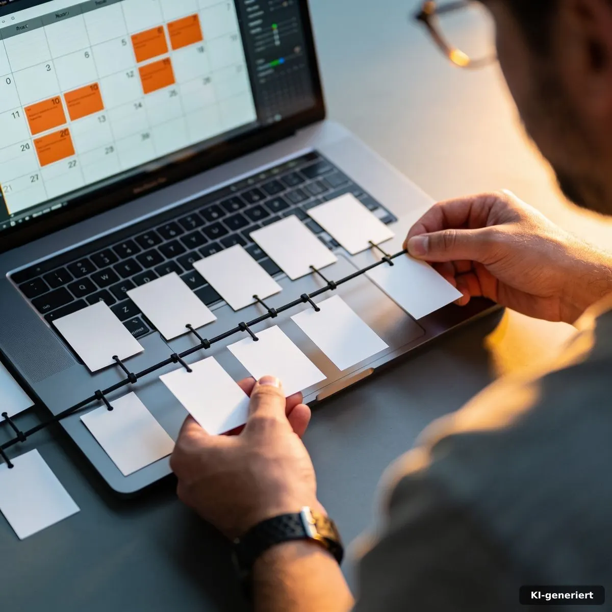 Redakteurliche Timeline mit datierten Karten und Laptop ohne lesbaren Text