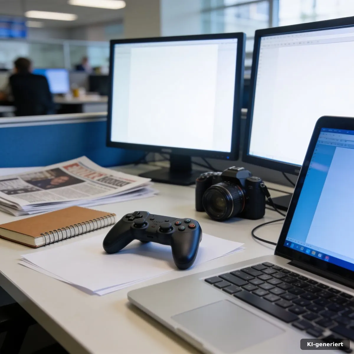Moderner Redaktionsarbeitsplatz mit Gaming-Controller, Notizbuch und Kamera