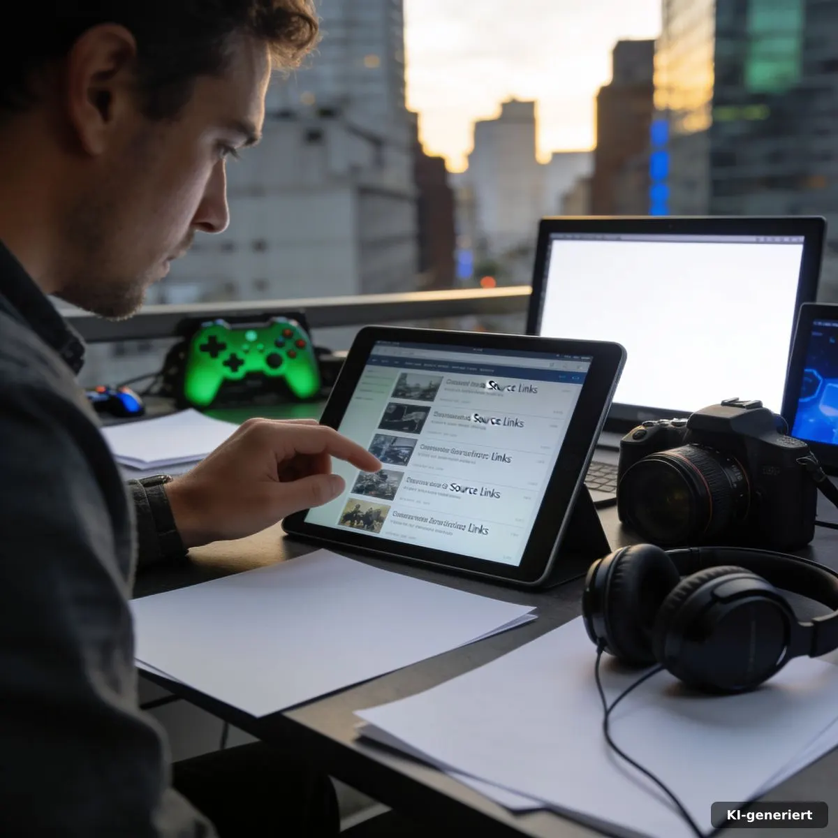 Journalistin prüft Quellen auf einem Tablet neben Kamera und Kopfhörern