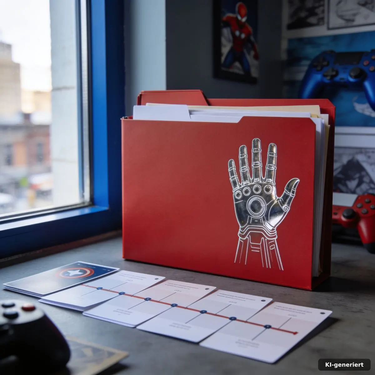Fiktives Superheldenarchiv mit Handschuh-Silhouette und überlagerten Zeitleisten
