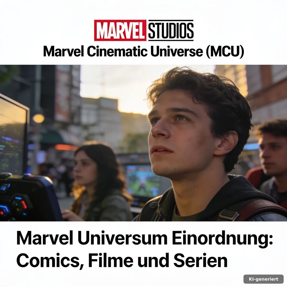 Marvel Universum Einordnung mit Comic, Kinobildschirm und Streaminggerät für drei getrennte Erzählebenen