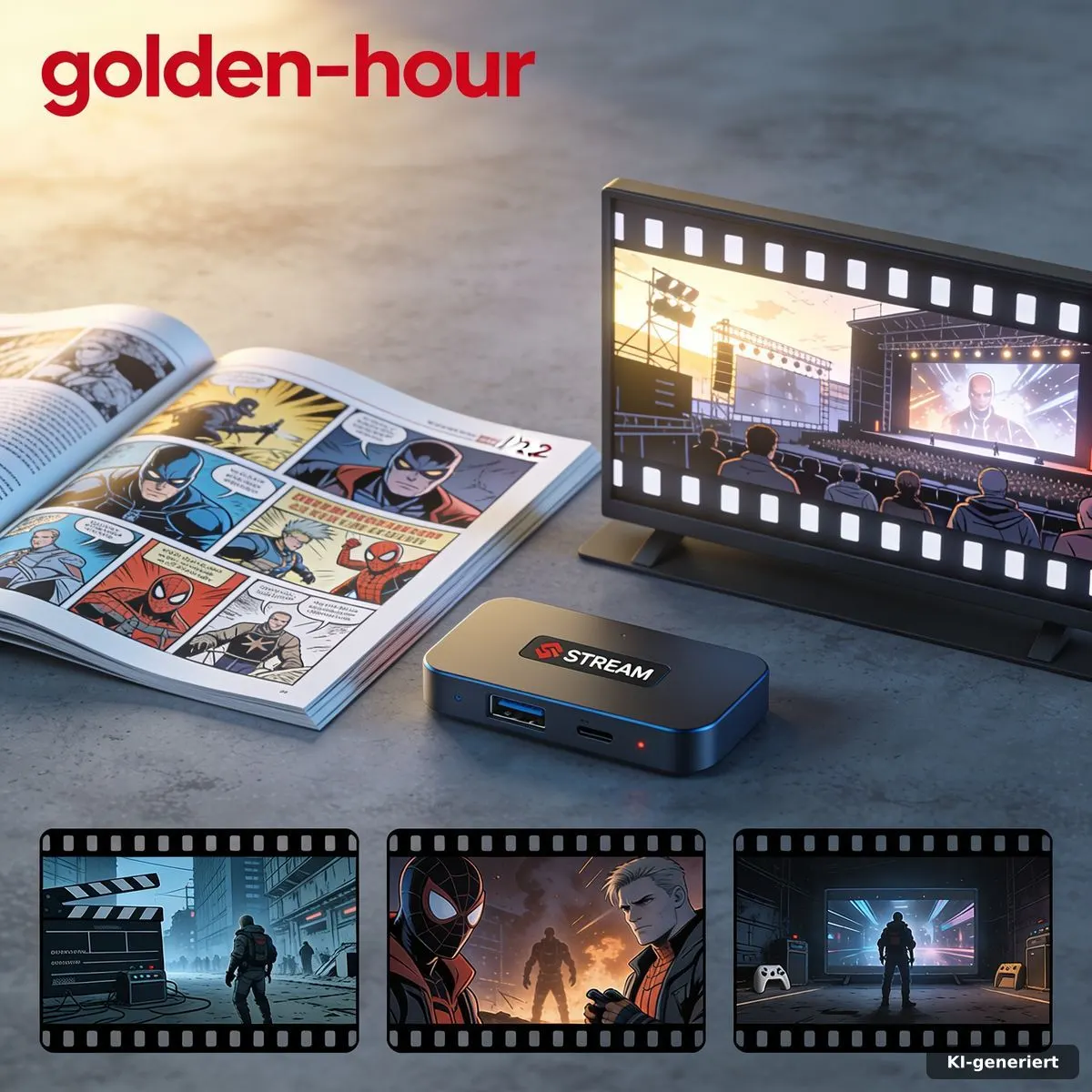 Offener Comic neben Kinobildschirm und Streaminggerät als Symbol für verschiedene Marvel-Erzählebenen