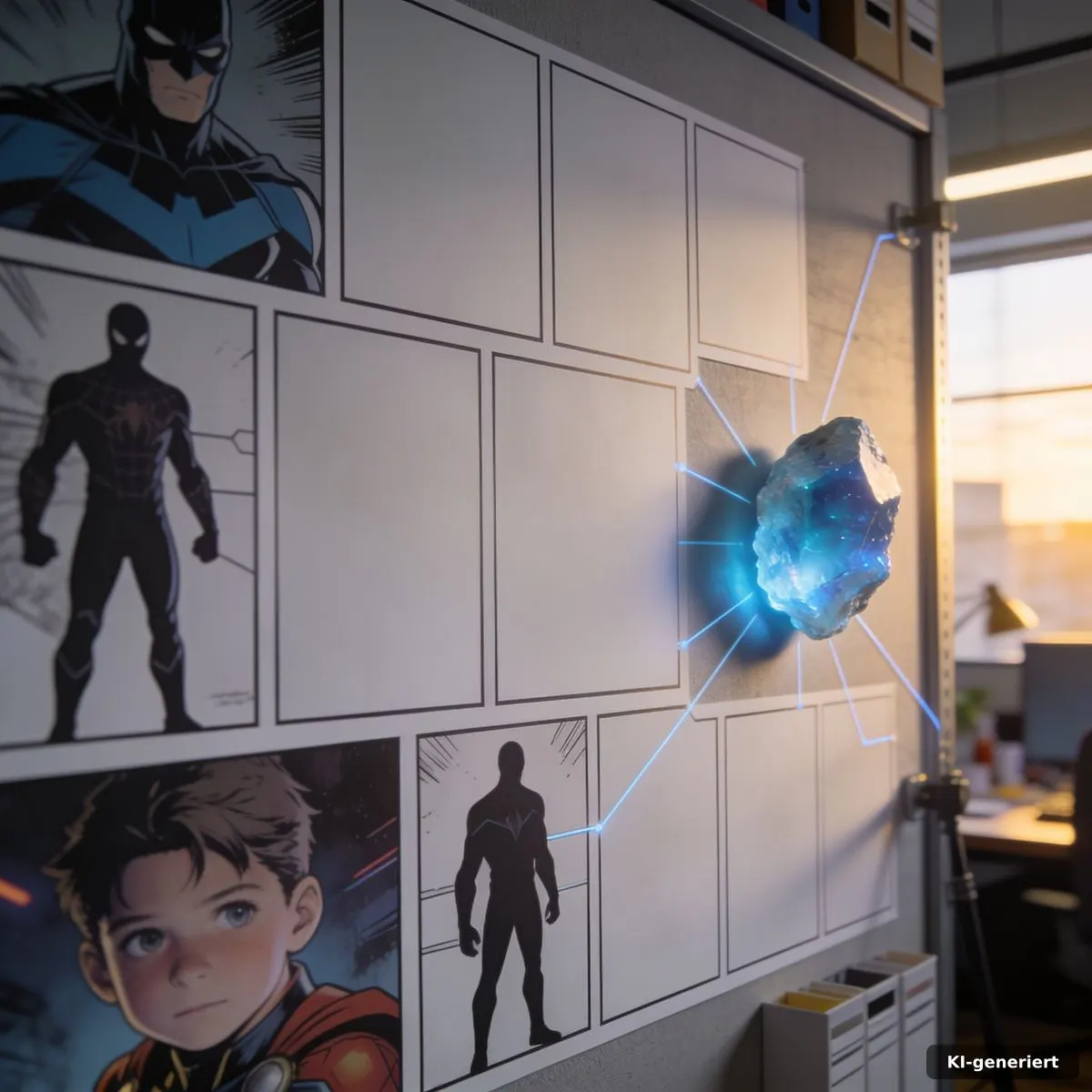 Marvel Universum Hintergrund: Quellen und Struktur erklärt 2 Strukturierte Marvel-Recherche mit Comicflächen, Figuren-Silhouetten und leuchtendem Mineral