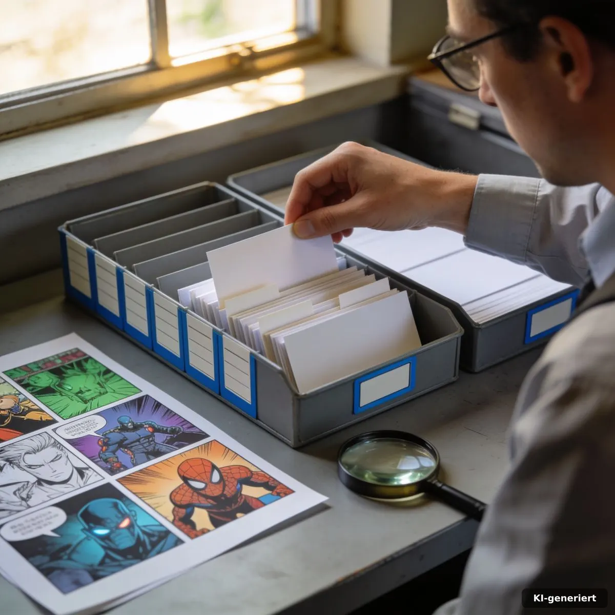 Marvel Universum Hintergrund: Quellen und Struktur erklärt 4 Redaktionelle Arbeit an einer Marvel-Kategoriestruktur mit Karteikarten und Comicflächen