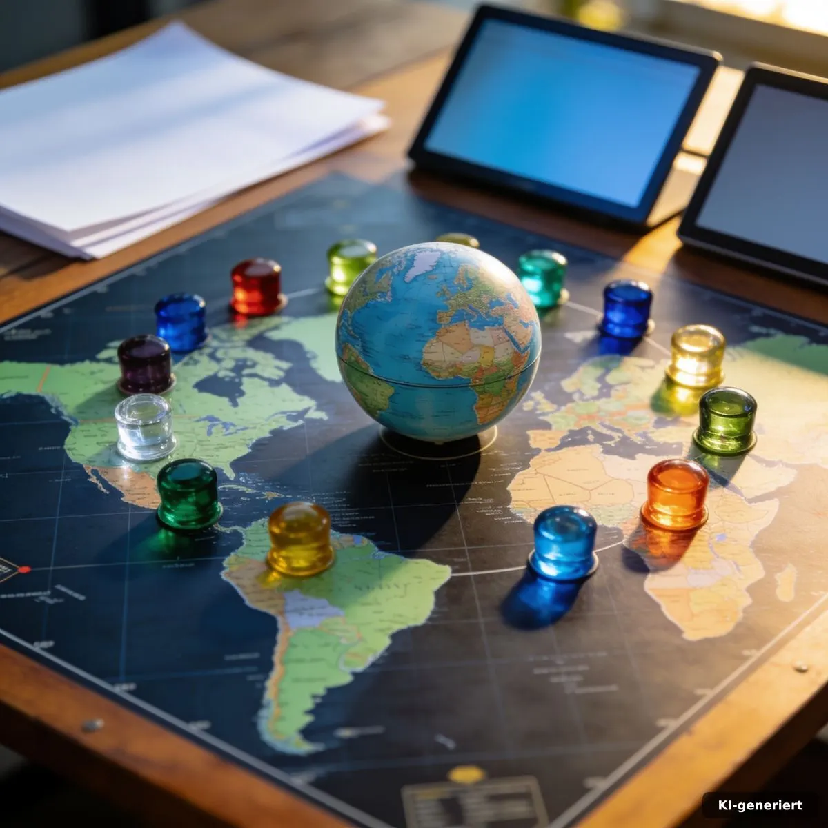 Multipolare Weltordnung: Modelle und klare Kriterien 2 Geopolitische Strategietafel mit mehreren Machtzentren rund um einen Globus