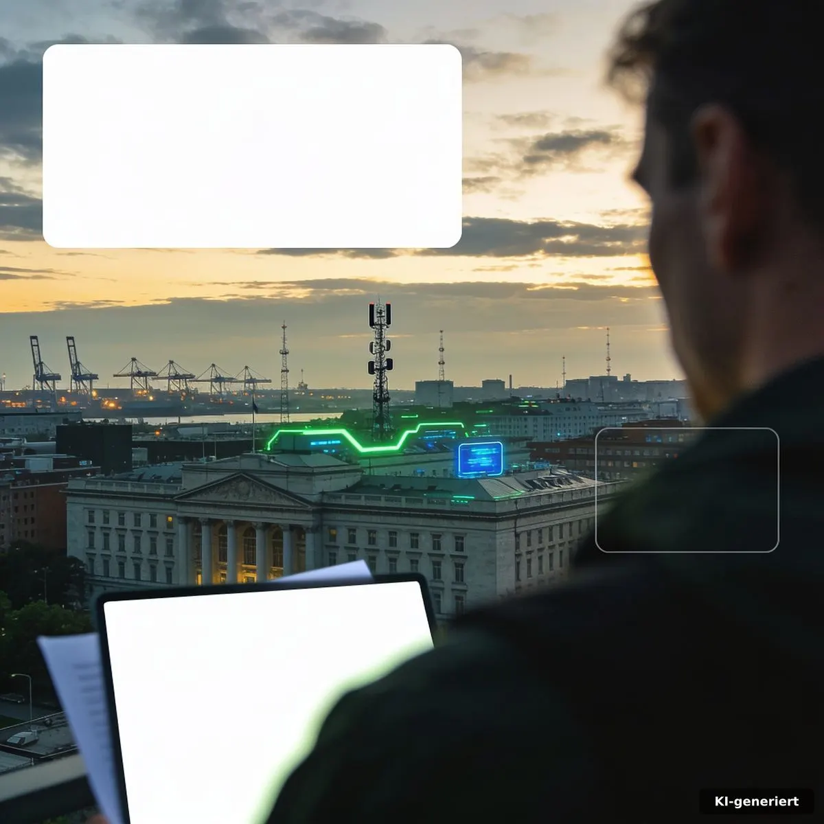 Multipolare Weltordnung: Modelle und klare Kriterien 4 Europäische Stadtsilhouette mit Regierungsgebäude, Hafenkränen und Kommunikationsantennen