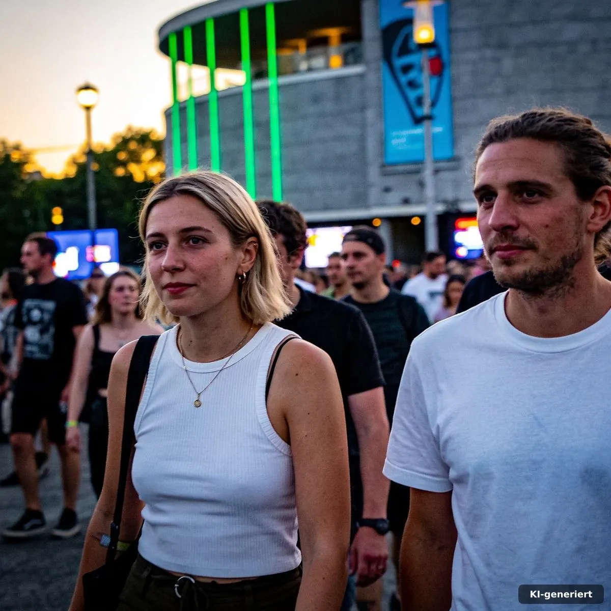 Pop Kultur Festival 2027 Early Bird Tickets Are Here 3 Festivalbesucherinnen und Festivalbesucher bewegen sich am Abend durch eine Berliner Kulturszene