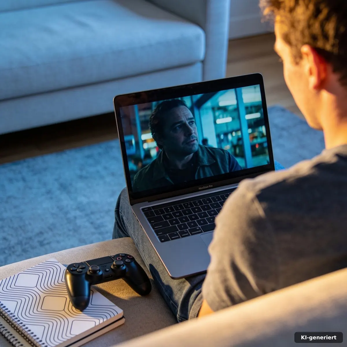Person mit Laptop, Controller und Notizen bei einer Popkultur-Analyse