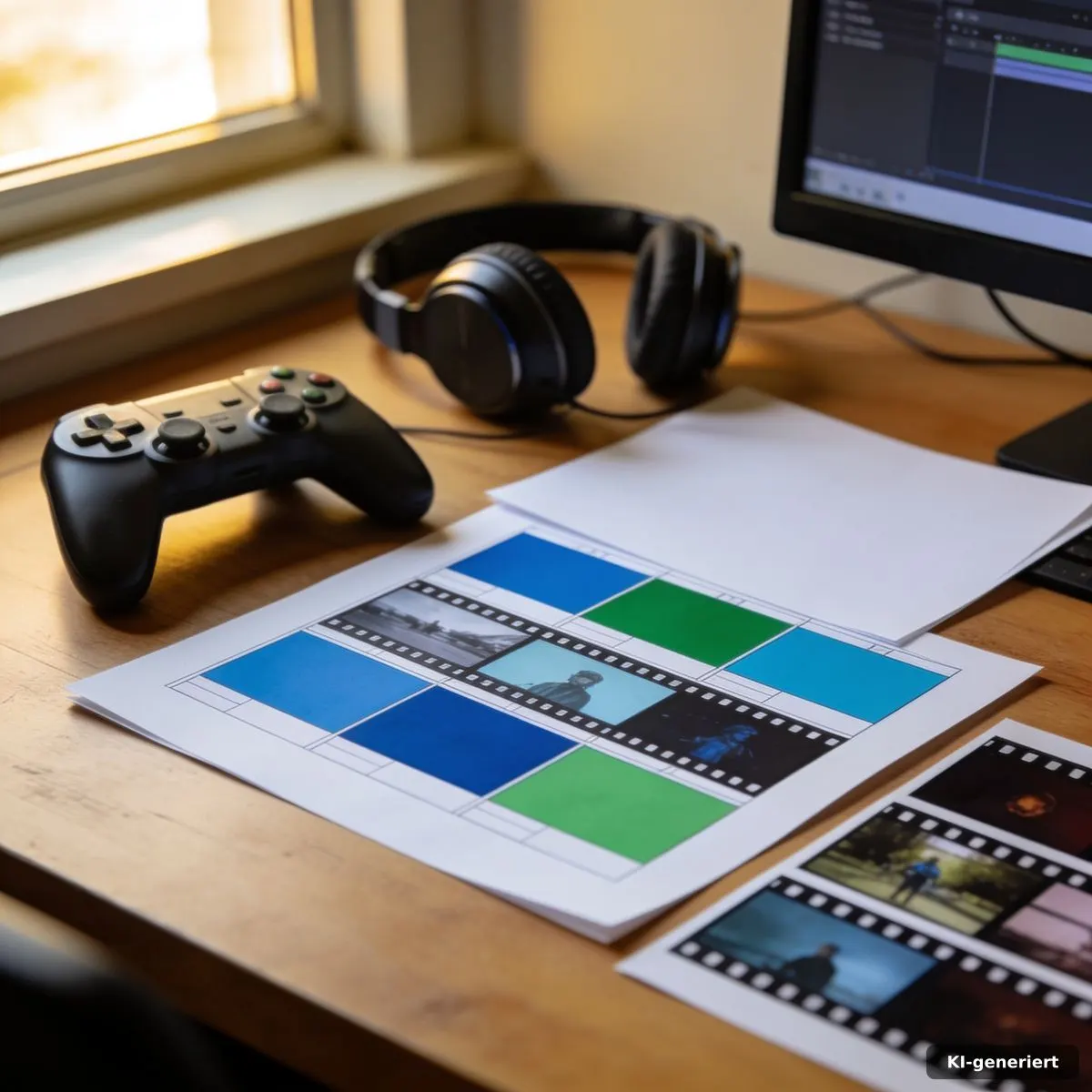 Storyboard, Gamepad und Kopfhörer als Arbeitsmaterial einer Medienanalyse