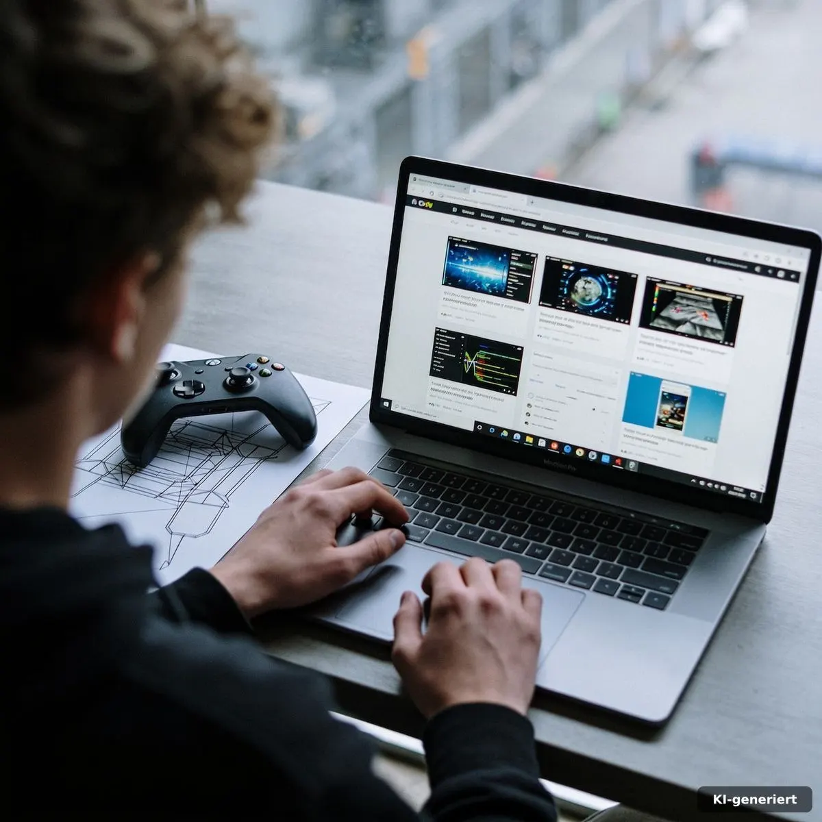 Gamer prüft mehrere Gaming-News-Quellen am Schreibtisch