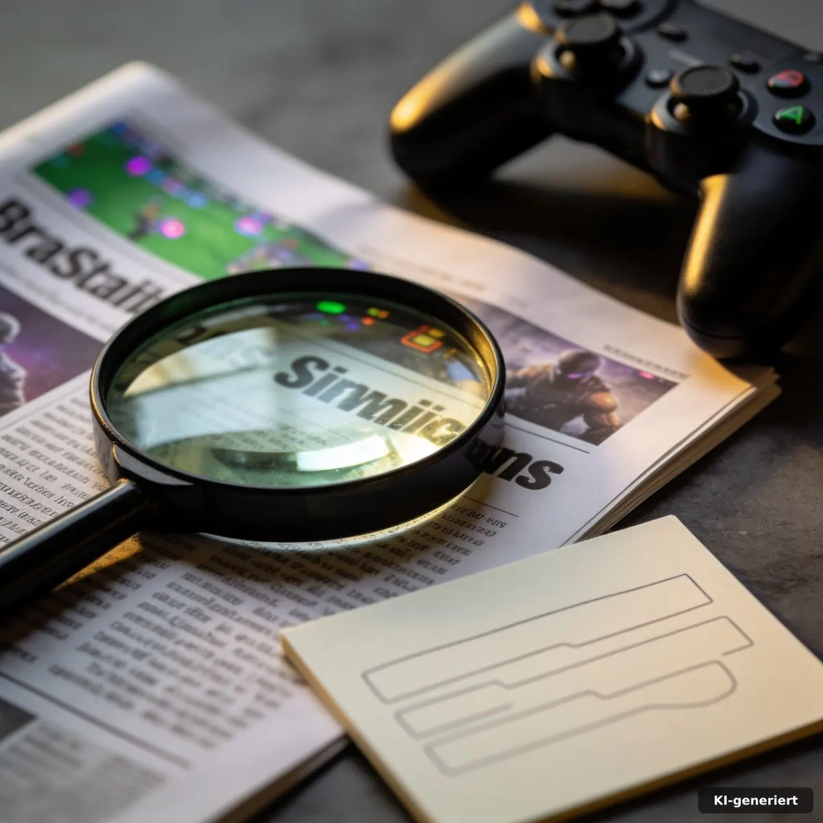 Redaktionelle Prüfung einer Gaming-News mit Lupe und Controller