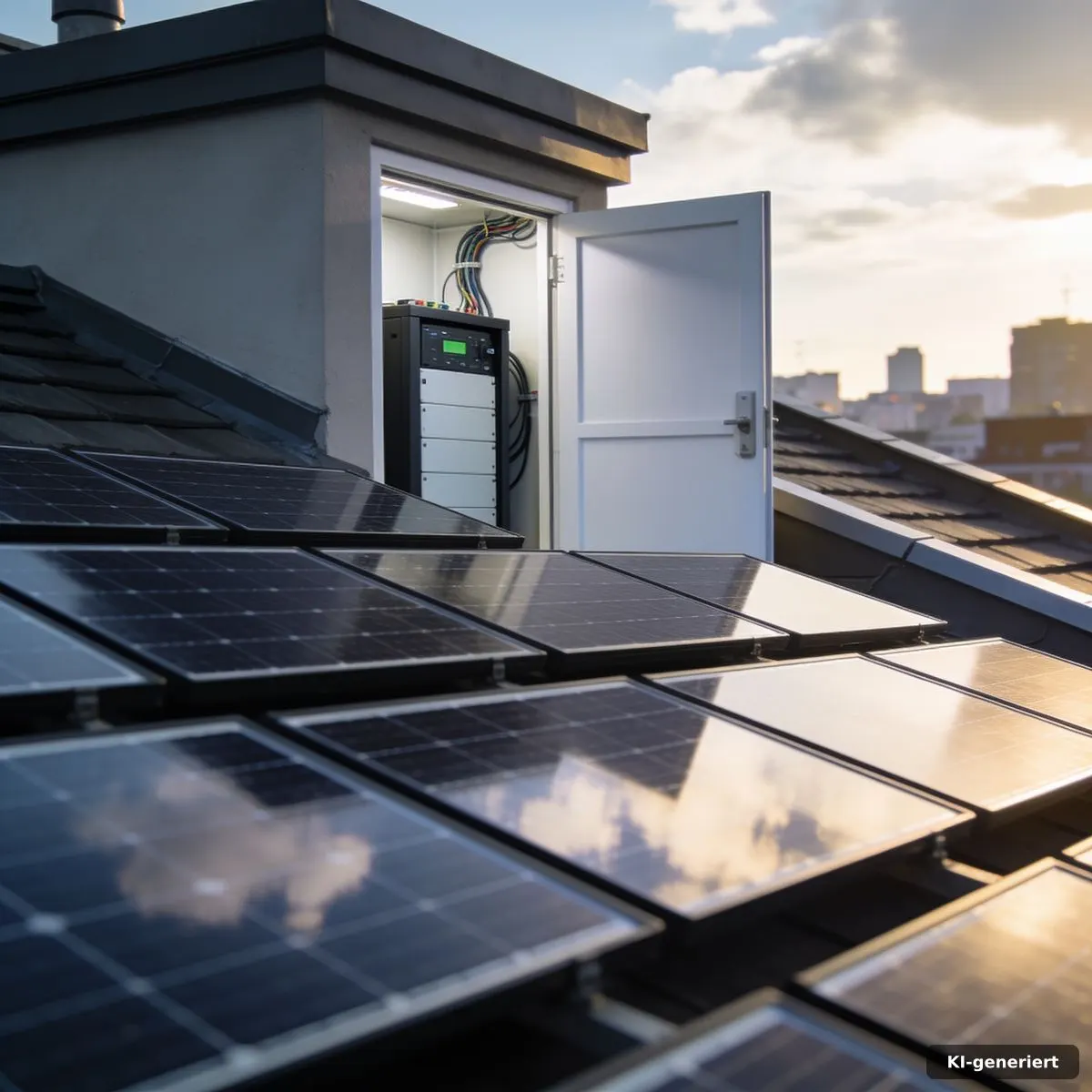 Wohnhaus mit Solarmodulen und Batteriespeicher im Technikraum