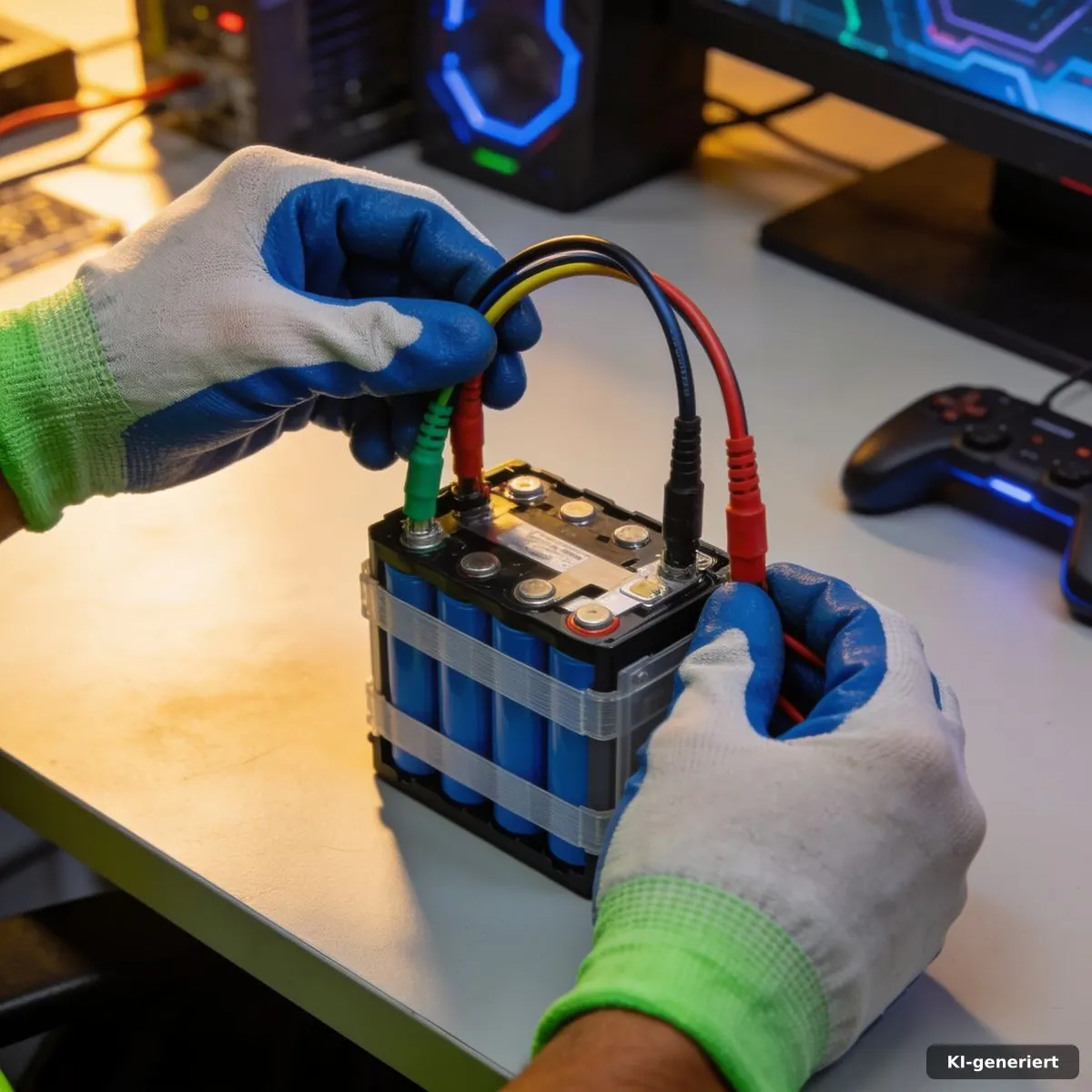 Fachkraft prüft isolierte Leitungen an einem Batteriespeicher