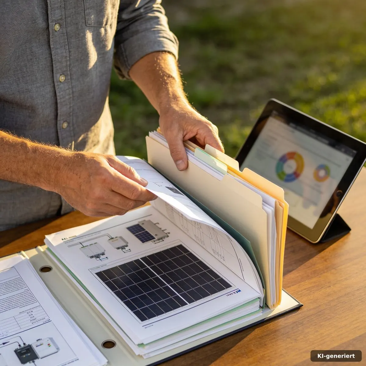 Dokumentation und Unterlagen für eine Photovoltaikanlage auf einem Schreibtisch
