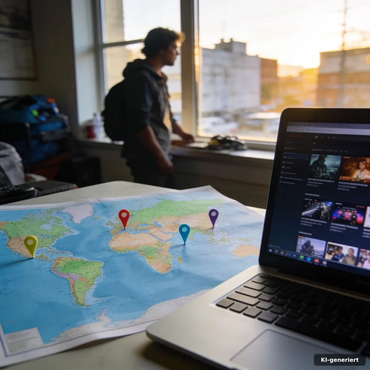 Streaming Verfügbarkeit Prüfen: Plattform, Region & Zeit 3 Weltkarte und Laptop zur Prüfung regionaler Streaming-Kataloge
