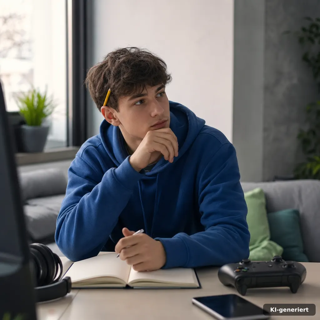 Junge Person recherchiert Gaming- und Tech-Themen am Schreibtisch