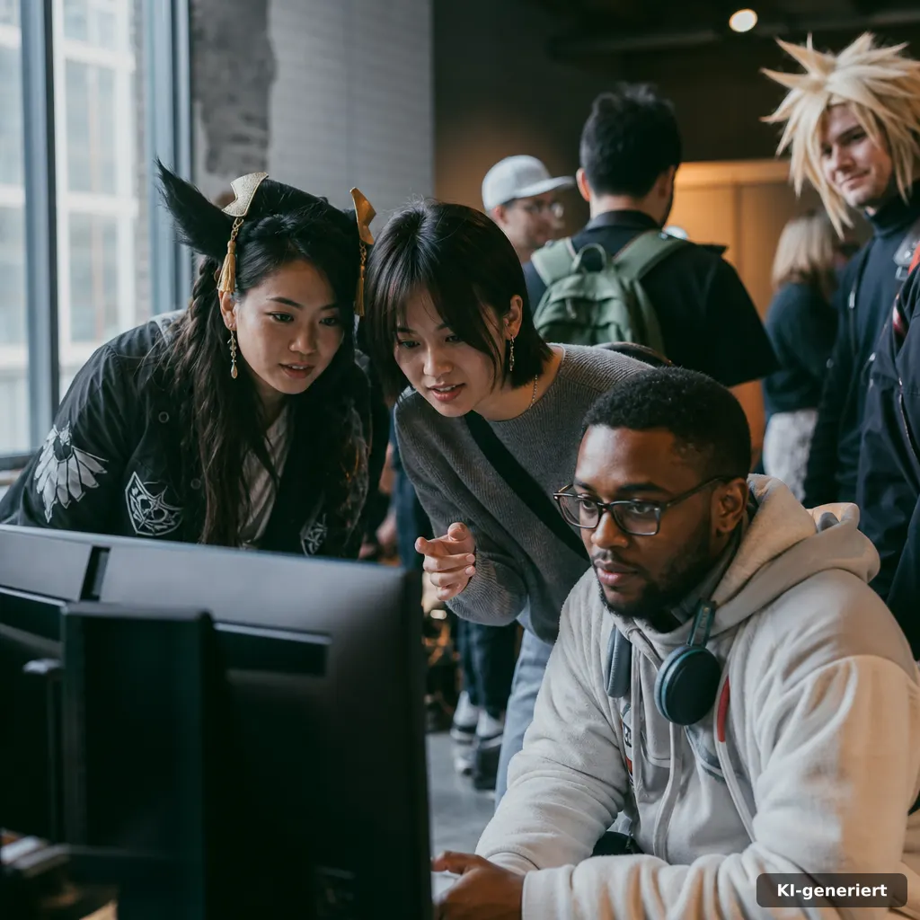 Besucherinnen und Besucher diskutieren bei einem Gaming-Kulturevent